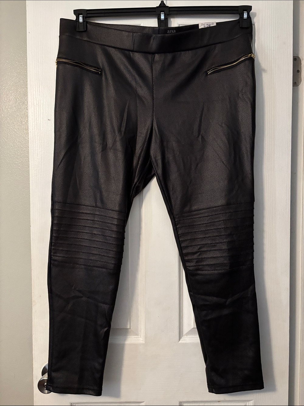 a.n.a Black Faux Leather Moto Ponte Leggings with Gold Zips